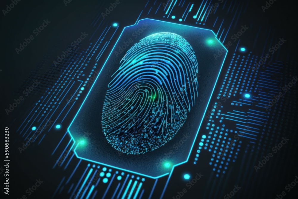 Poster digital biometri, security identify by fingerprint concept. scanning system fingerprint. ai generate