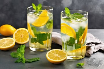 Summer healthy lemonade, cocktails of citrus infused water or mojitos. AI generated, human enhanced