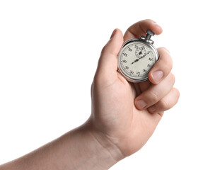 Man holding vintage timer on white background, closeup