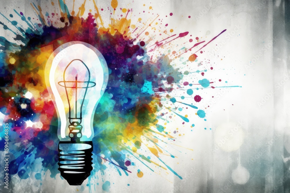 Poster light bulb with colorful paint splatters. generative ai