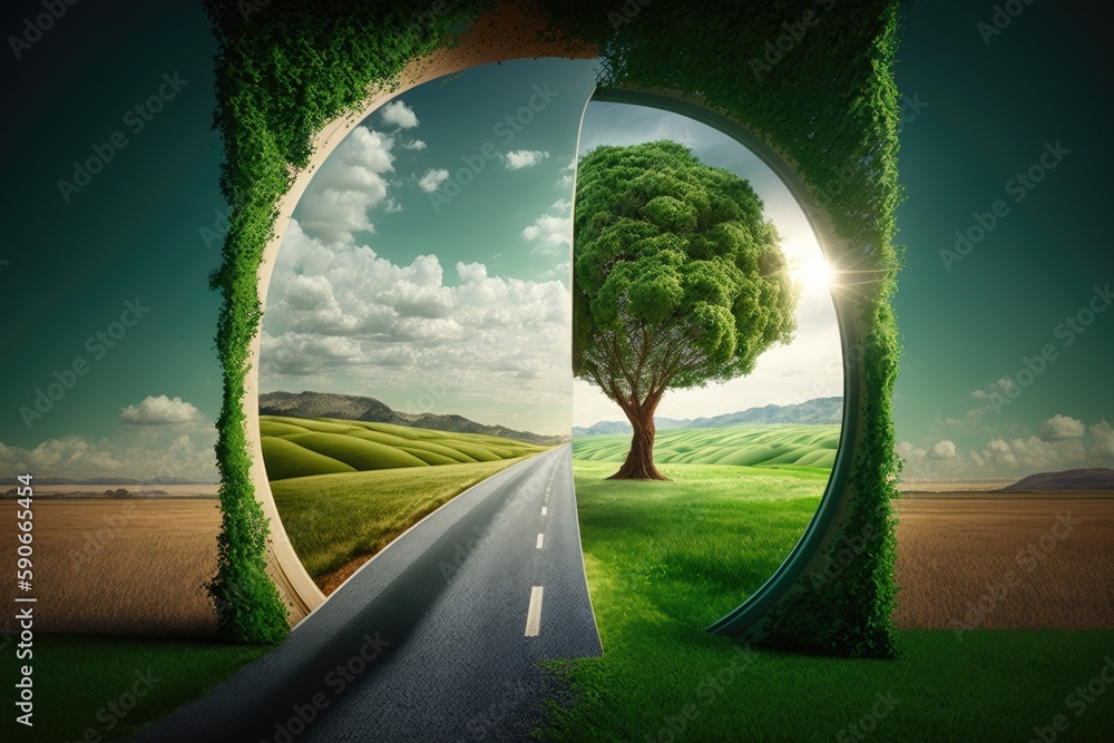 Poster independent adventure trip is represented by trees and an open area of greenery. rare instance. gene