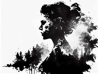 Drawn silhouette of a young beautiful woman, in a smoky style and on an isolated white background. Generative AI