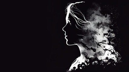 Drawn silhouette of a young beautiful woman, in a smoky style and on an isolated black background. Generative AI