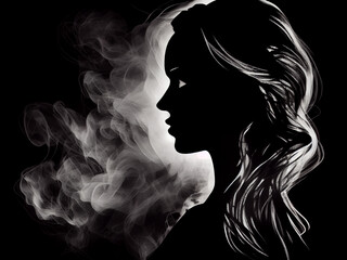 Fototapeta premium Drawn silhouette of a young beautiful woman, in a smoky style and on an isolated black background. Generative AI