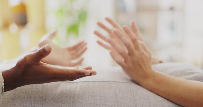 Hands, angry gesture and couple fight, conflict and counseling for marriage problem, infidelity and relationship crisis. Frustrated, stress and people with argument, risk of divorce and confrontation