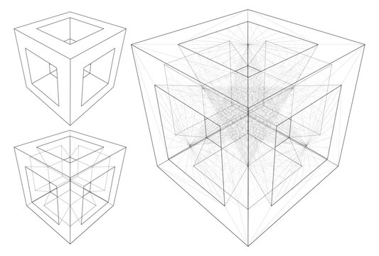Box And Six Pyramids Subtraction Vector. Cube Subtraction With Pyramids On Six Sides, From The Simple To The Complicated Shape. 