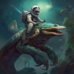 Astronaut riding on giant fantasy space dragon, Generative AI