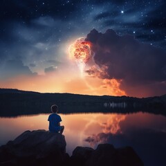 Boy sitting alone by the lake and observing a supernova explosion, Generative AI