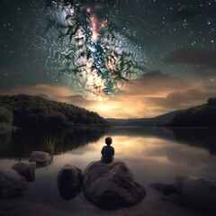Boy sitting alone by the lake and observing a supernova explosion, Generative AI