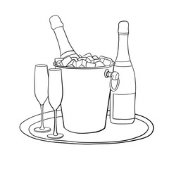 Champagne Glass and Bottle in Bucket. Two Glass of Champagne. Colour. Illustration for your holiday, wedding, new year, postcard design