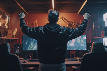 Shot From Behind Professional E - Sports Gamer Rejoices In The Victory In Bright Game Room Background, Made Using Generative Ai