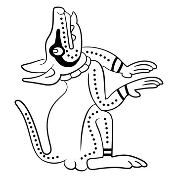 Funny seated dog puppy or stylized coyote. Native American animal design from Mayan codex. Black and white silhouette.