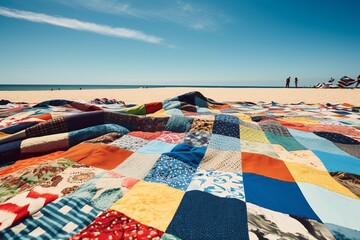 Beach Landscape Bright beach,  colorfull towels forming a patchwork quilt on the sand 3- AI Generative