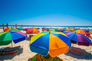 Beach Landscape Brightly colored beach umbrellas creating a mosaic of shade 2- AI Generative