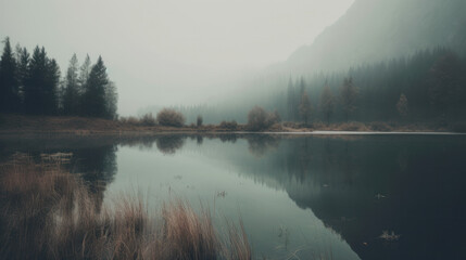 Fototapeta na wymiar Morning fog over a beautiful lake surrounded by pine forest. Outdoors / Nature background, generative ai
