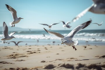 Beach Landscape Seagulls diving and soaring in search of a snack  - AI Generative