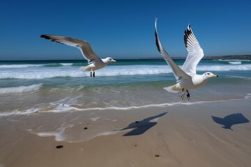 Beach Landscape Seagulls diving and soaring in search of food - AI Generative