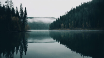 Overcast sky over a beautiful lake surrounded by pine forest. Outdoors / Nature background, generative ai
