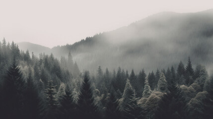Morning fog over a beautiful pine forest. Outdoors / Nature background, generative ai