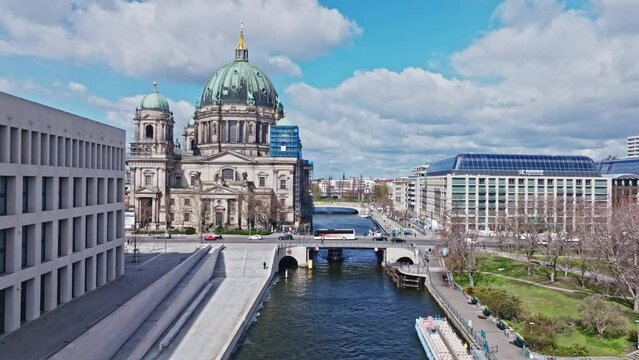 Aerial view of  Spree river and Berlin Cathedral (Berliner Dom) , Berlin city centre , Germany