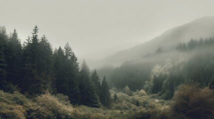 Morning fog over a pine forest and mountain landscape. Outdoors / Nature background, generative ai