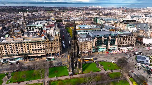 Aerial footage of Walter Scott monument in Edinburgh, UK