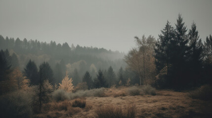 Morning fog over a beautiful pine forest. Outdoors / Nature background, generative ai