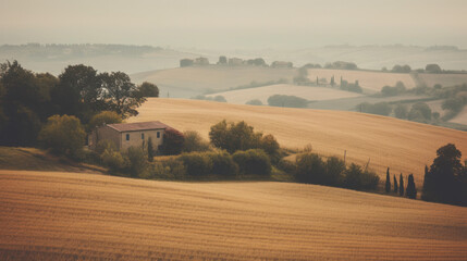 Obraz premium Morning fog over a beautiful countryside surrounded by vinyards and rolling hills. Outdoors / Nature background, generative ai