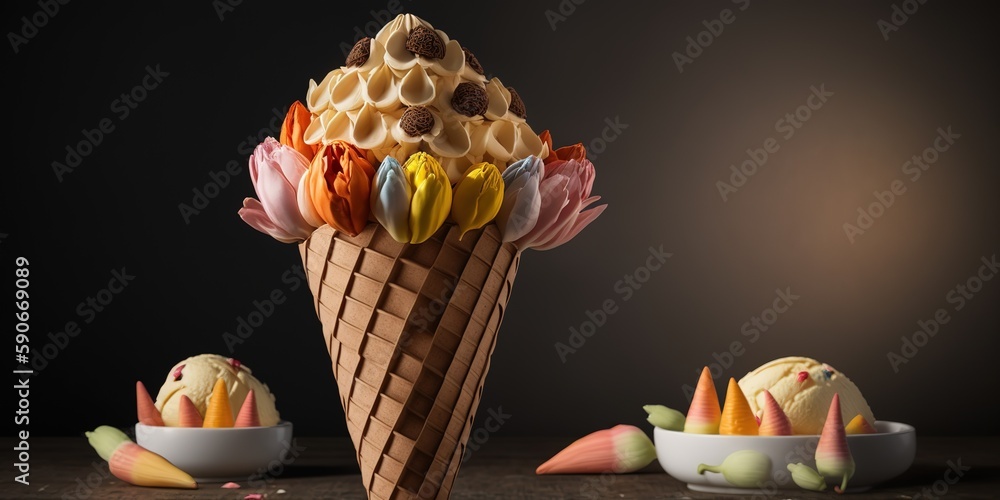 Poster a waffle cone filled with tulips sits on the table. generative ai