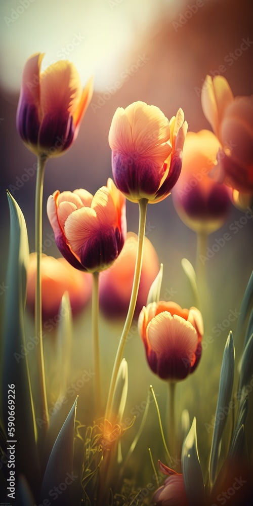 Poster field of tulips, focusing in on just a few. nature scene for card design, springtime generative ai