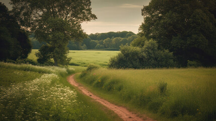 A peaceful back country trail between the trees and into the valley. Outdoors / Nature background, generative ai