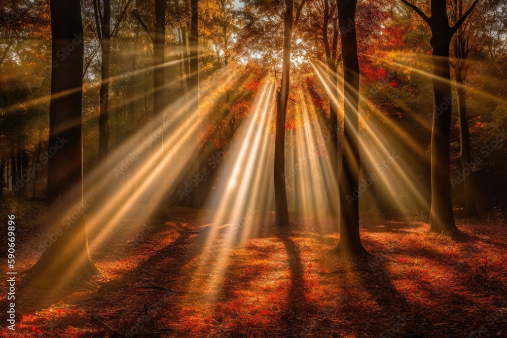 Poster sunlit forest with tall trees and lush greenery. generative ai