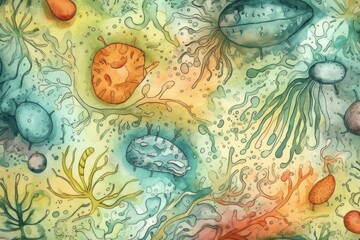 seaweed and jellyfish in a watercolor painting. Generative AI