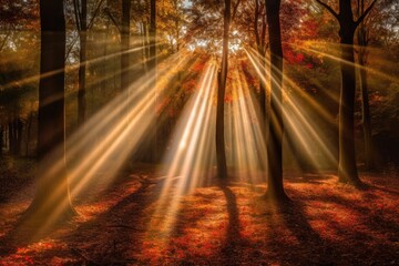 sunlit forest with tall trees and lush greenery. Generative AI