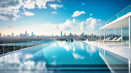 A mesmerizing image focusing on the edge of a penthouse swimming pool with a Miami view.