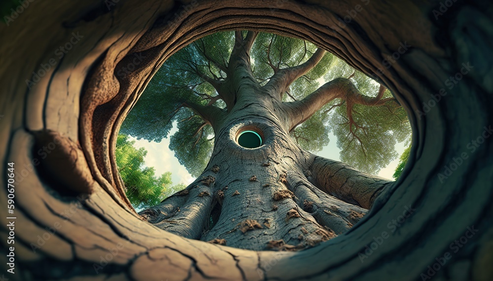 Poster down to the tree's trunk in the park generative ai