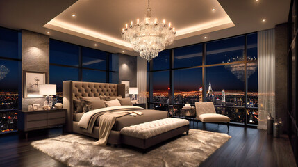 A sumptuous penthouse bedroom with a stunning city skyline view through floor-to-ceiling windows