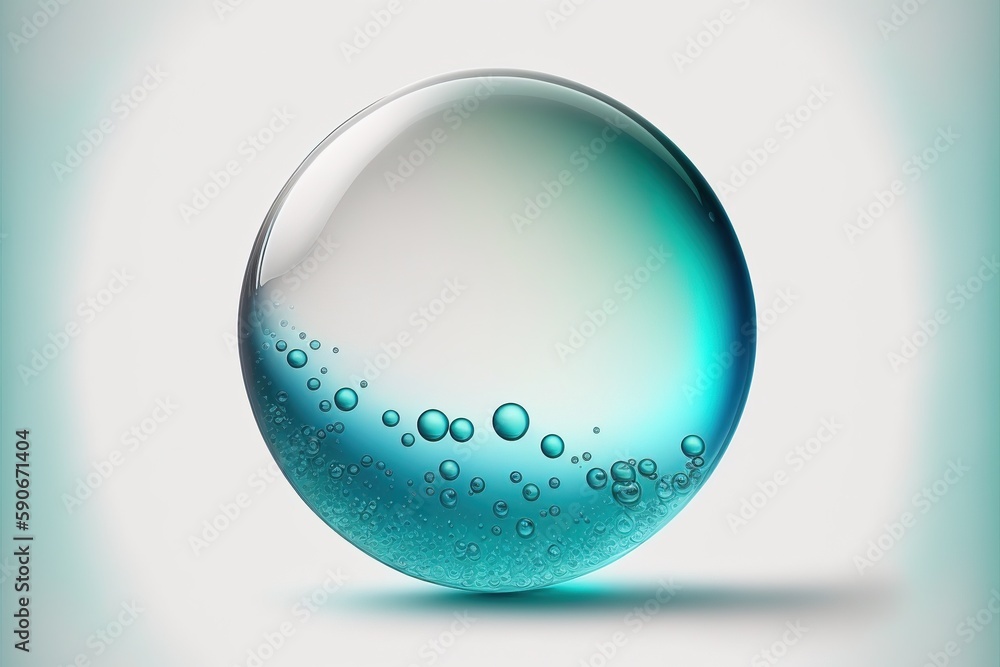 Poster closeup macro iridescent clear and transparent round water sphere with air bubbles inside on white i
