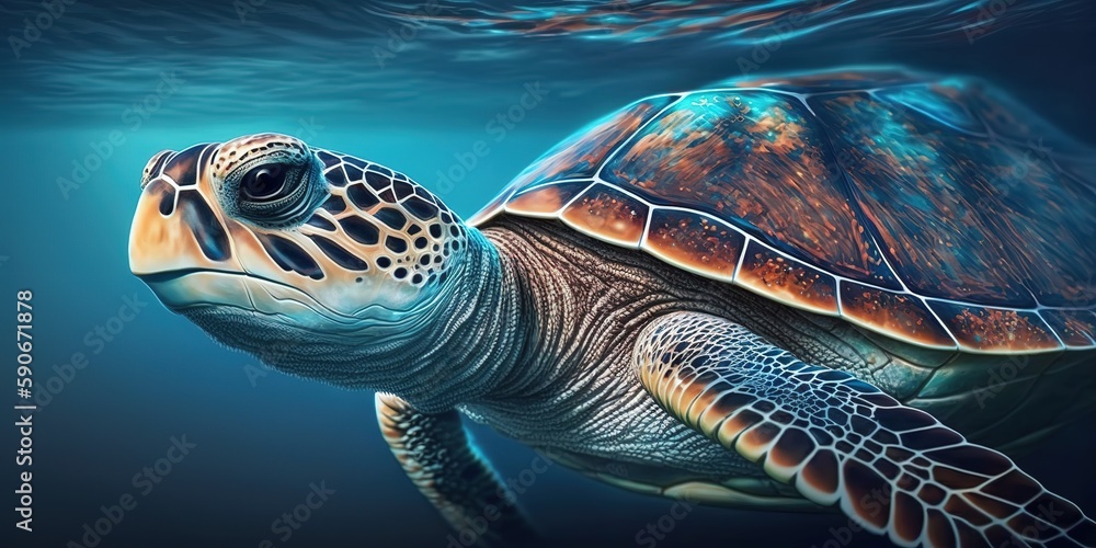 Poster a blue ocean backdrop with a swimming turtle in close up generative ai