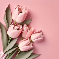 Spring tulip flowers on pink background, top view in flat lay style. Greeting for Women's or Mother's Day or Spring Sale Banner. Generative Ai