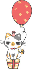 Cute playful birthday cat with balloons celebrating party cartoon doodle hand drawing