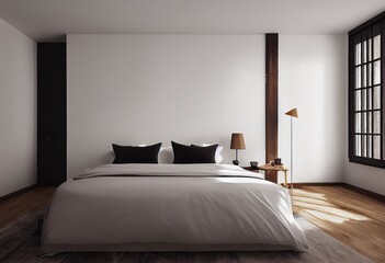 Minimal Staged Bedroom Interior with Blank Walls and Hardwood Floors Made with Generative AI