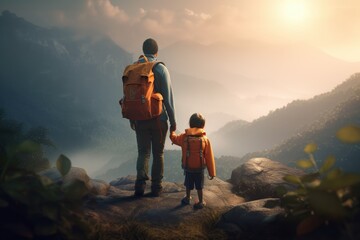 Hiker and Son Hiking at Mountain Peak with Valley Views Made with Generative AI