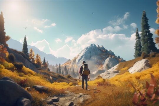 Adult Hiker Hiking in WIlderness in Yellow Meadows and Rocky Mountains Made with Generative AI