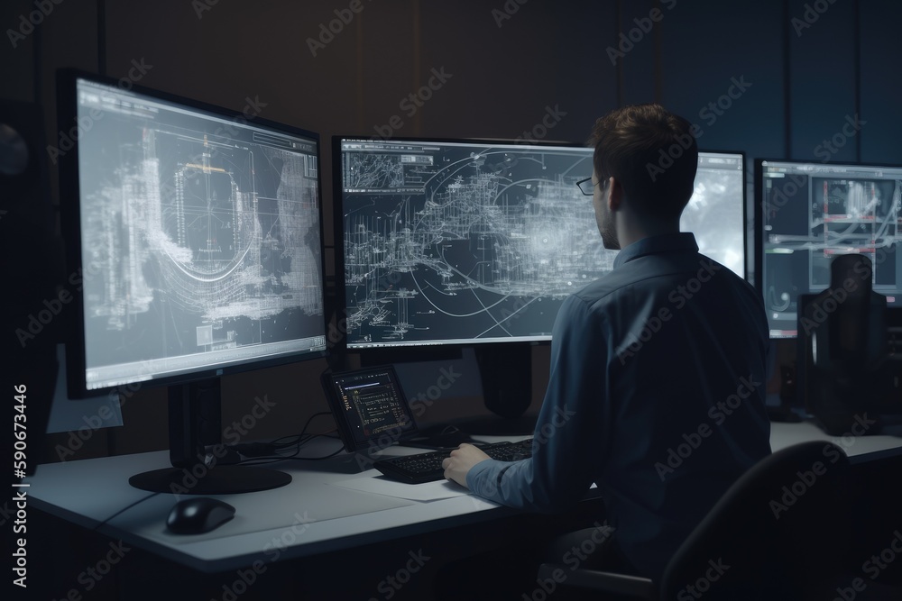 Fototapete computer aided engineer working in front of computer monitors in dark lit environment made with gene
