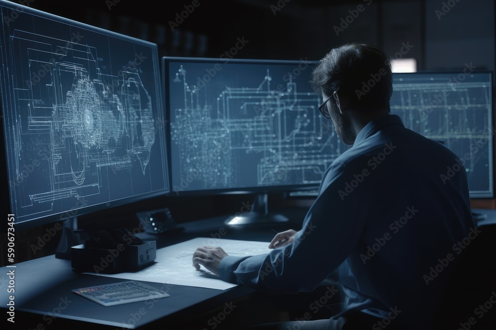 Fototapete computer aided engineer working in front of computer monitors in dark lit environment made with gene