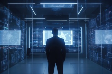 Fototapeta na wymiar Businessman in Suit Standing in Front of Lots of Monitors with Data Information in Office Space AIMade with Generative AI
