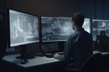 Computer Aided Engineer Working in Front of Computer Monitors in Dark Lit Environment Made with Generative AI