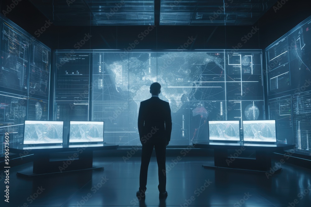 Poster businessman in suit standing in front of monitors in office for computer aided engineering made with