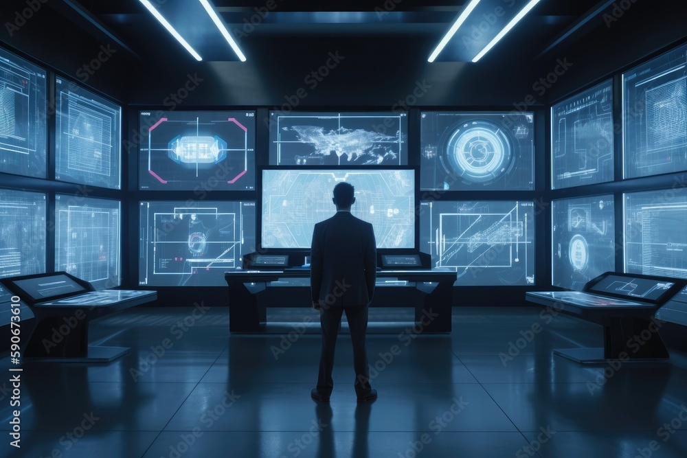 Poster businessman in suit standing in front of monitors in office for computer aided engineering made with